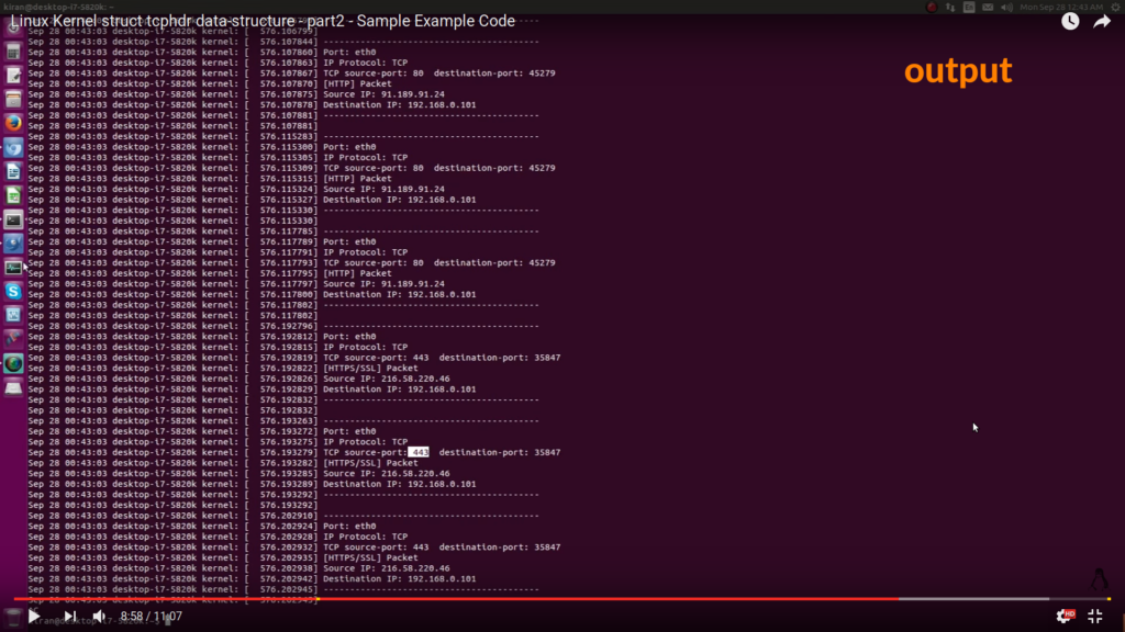 Screenshot Linux Kernel struct tcphdr data-structure - part2 - Sample Example Code output