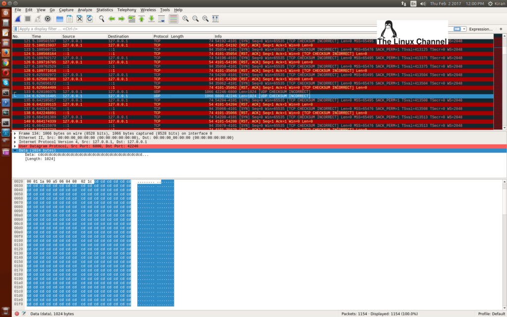 Step 7: wireshark capture of UDP packet server to client