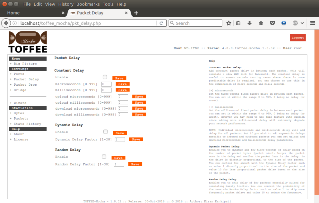 TOFFEE-Mocha-1.0.32 WAN Emulator network test tool Test case1 - no packet delay