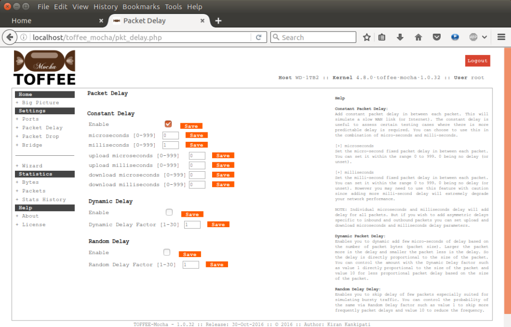 TOFFEE-Mocha-1.0.32 WAN Emulator network test tool Test case2 - 1ms per packet delay