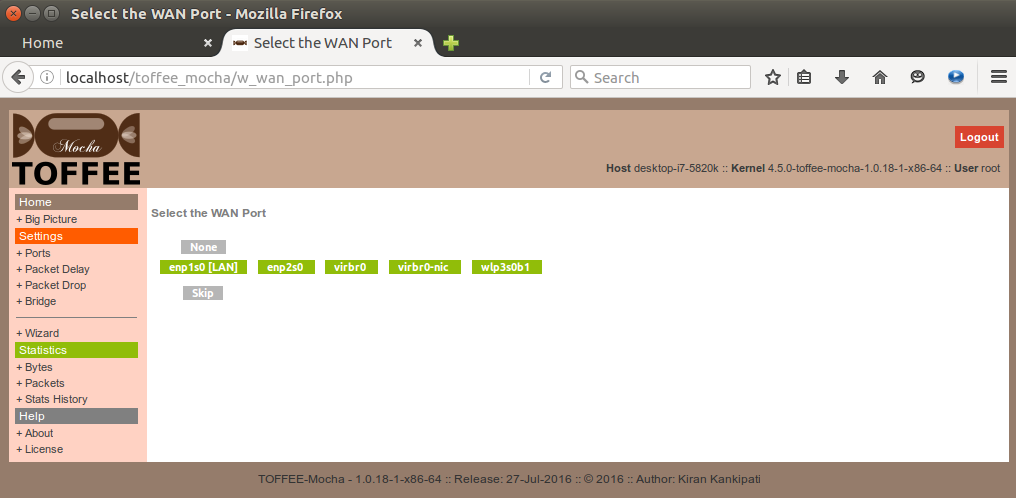 TOFFEE-Mocha-1.0.18-1-x86_64 WAN Emulator set WAN port