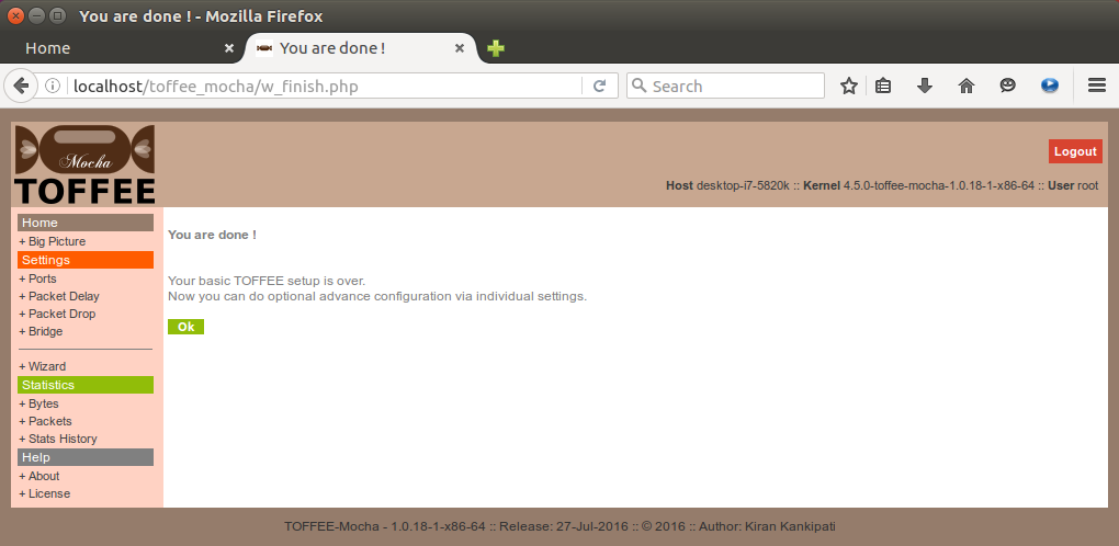 TOFFEE-Mocha-1.0.18-1-x86_64 WAN Emulator wizard finish