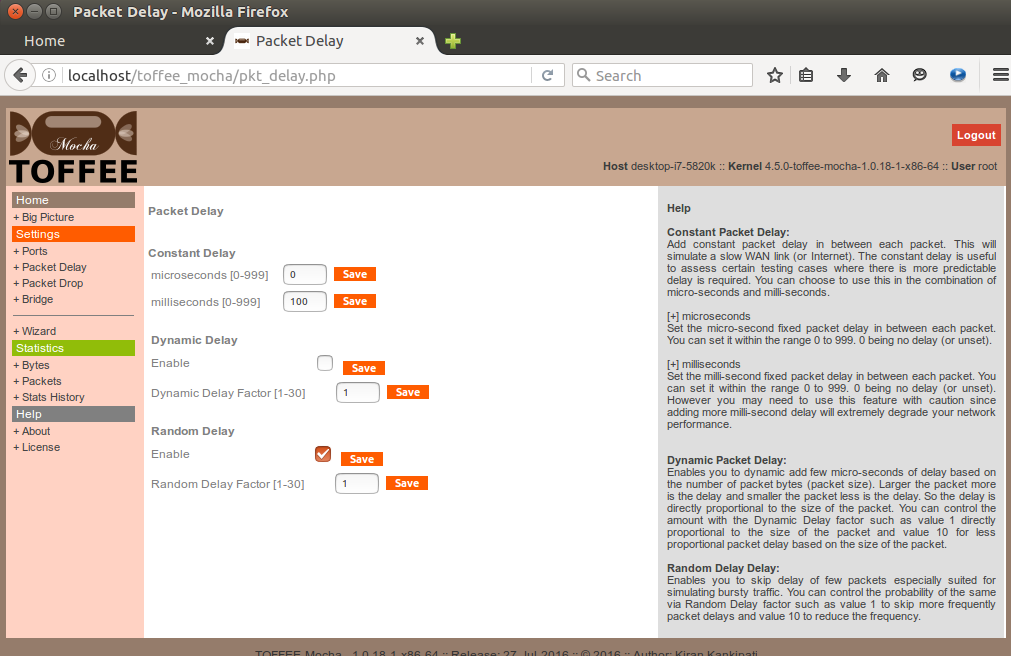TOFFEE-Mocha-1.0.18-1-x86_64 WAN Emulator packet delay settings
