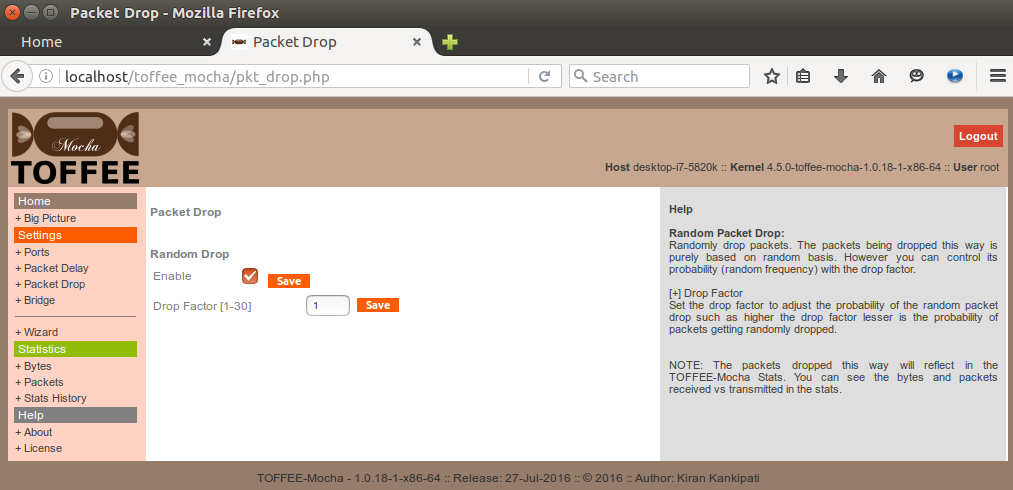 TOFFEE-Mocha-1.0.18-1-x86_64 WAN Emulator packet drop settings