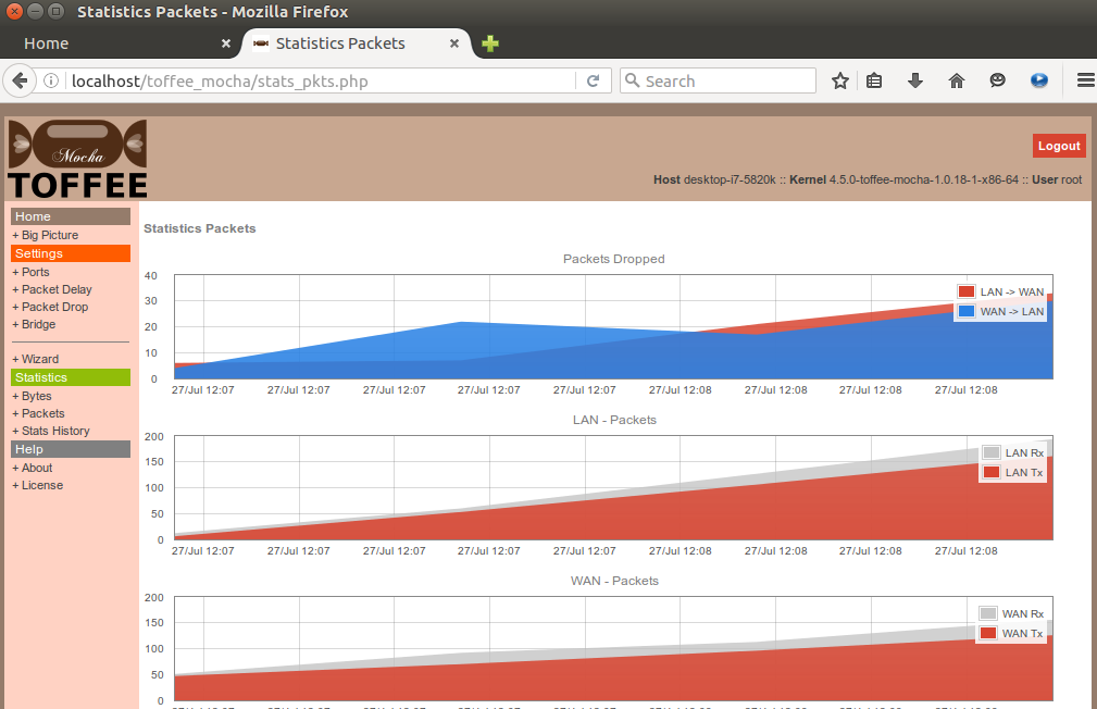 TOFFEE-Mocha-1.0.18-1-x86_64 WAN Emulator packet count stats