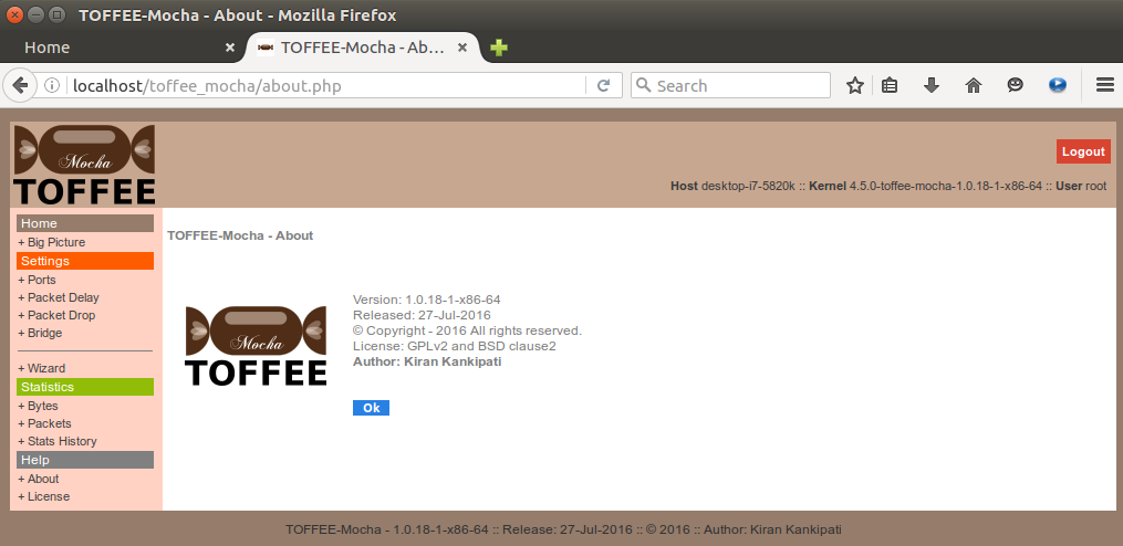 TOFFEE-Mocha-1.0.18-1-x86_64 WAN Emulator About page