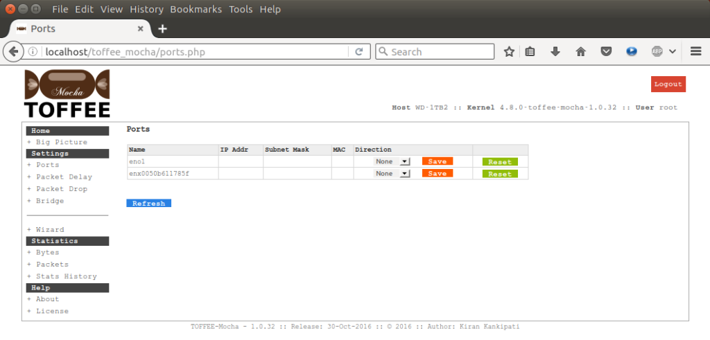 TOFFEE-Mocha-1.0.32-1-x86_64 WAN Emulator device ports