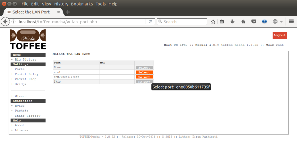 TOFFEE-Mocha-1.0.32-1-x86_64 WAN Emulator set LAN port