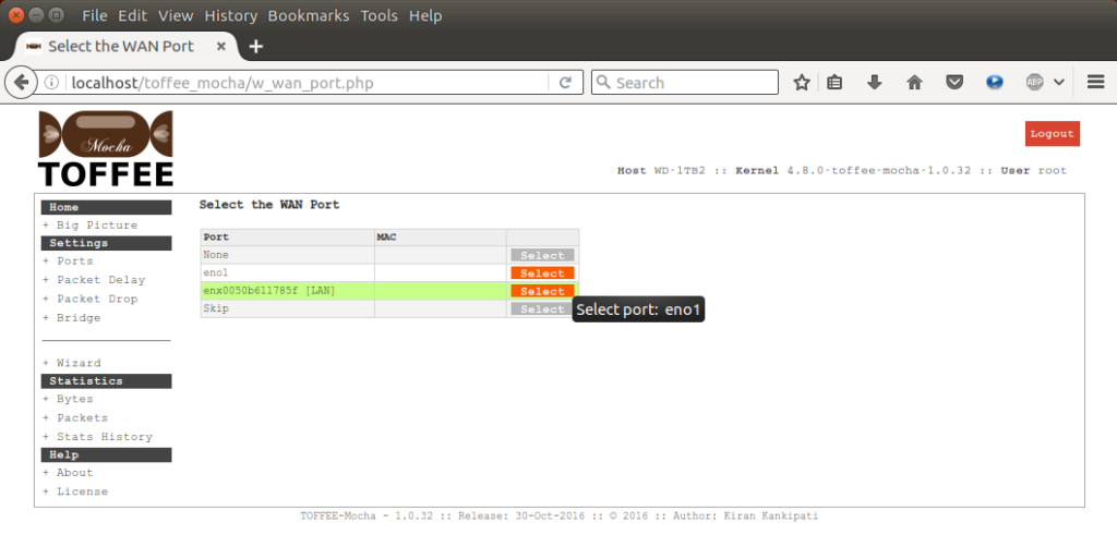 TOFFEE-Mocha-1.0.32-1-x86_64 WAN Emulator set WAN port