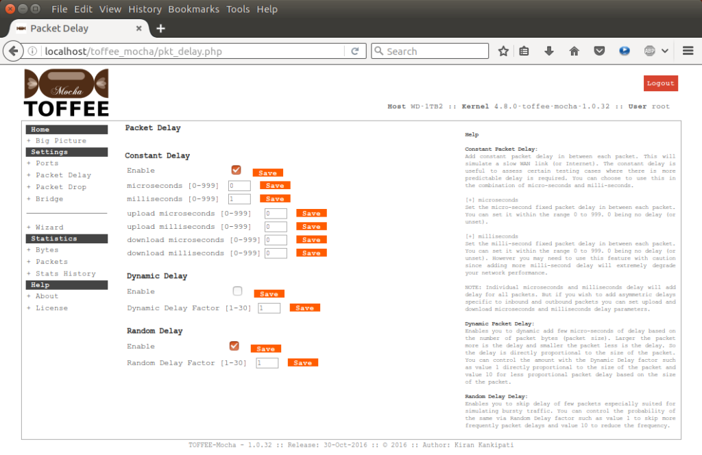 TOFFEE-Mocha-1.0.32-1-x86_64 WAN Emulator packet delay settings