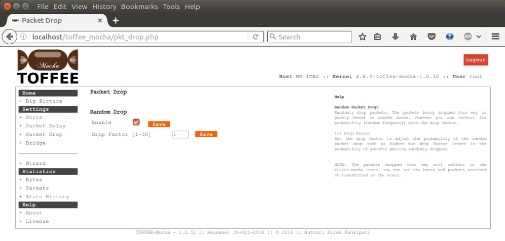 TOFFEE-Mocha-1.0.32-1-x86_64 WAN Emulator packet drop settings