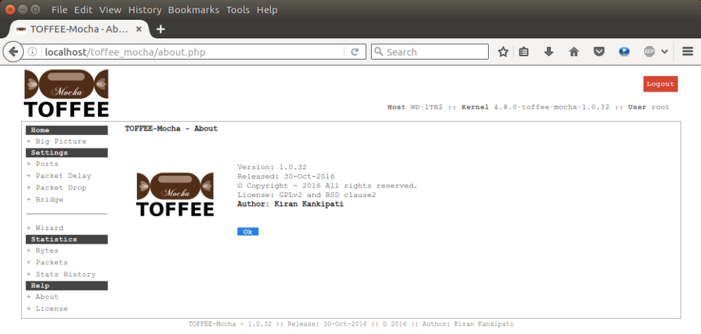 TOFFEE-Mocha-1.0.32-1-x86_64 WAN Emulator About page