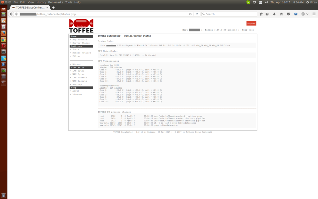 TOFFEE-DataCenter screenshots on a Dual CPU Intel Xeon E5645 2.40Ghz Dell Server - System Info