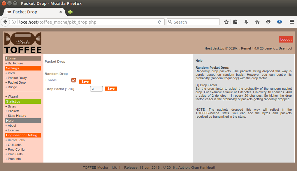 TOFFEE Mocha packet drop settings