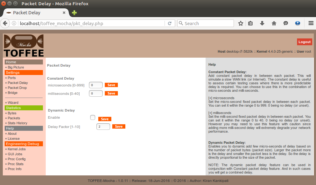 TOFFEE-Mocha settings packet delay