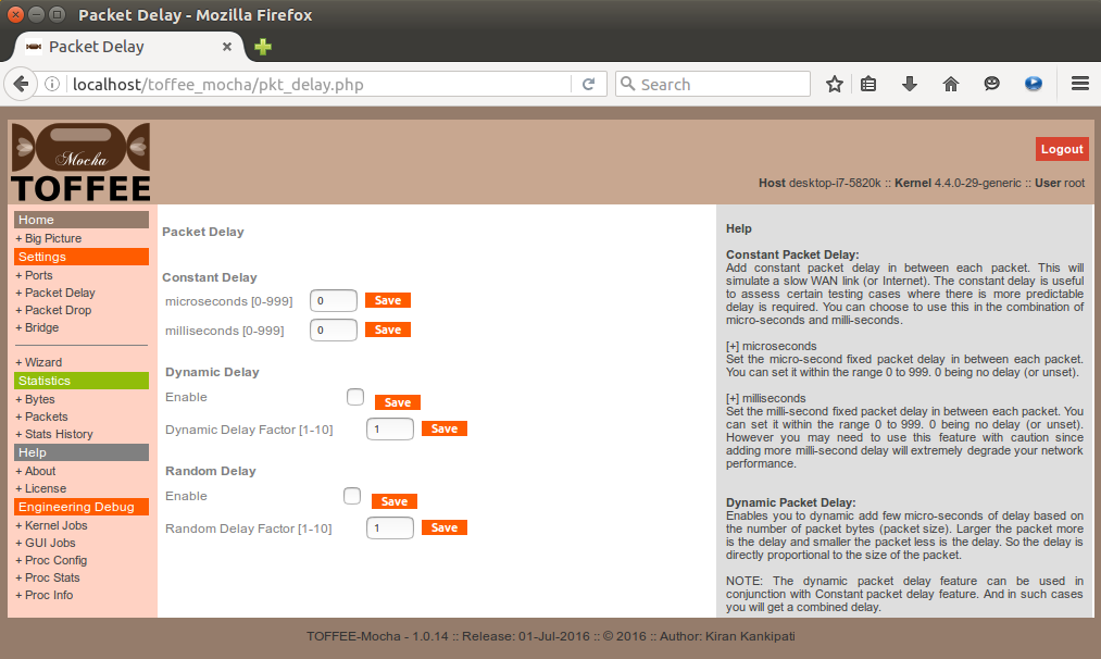 TOFFEE Mocha WAN Emulation Settings packet delay page