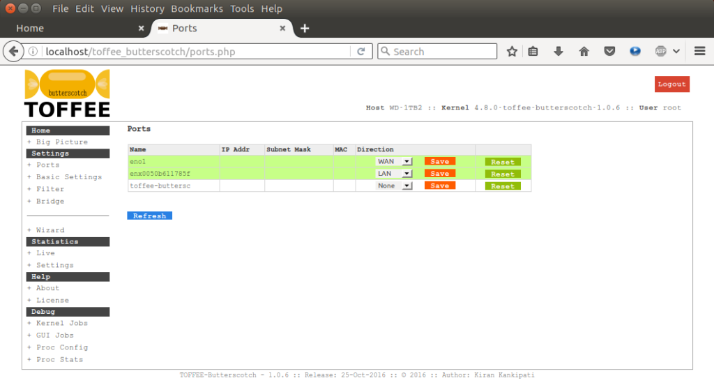 TOFFEE-Butterscotch Internet WAN Bandwidth Saver Ports page