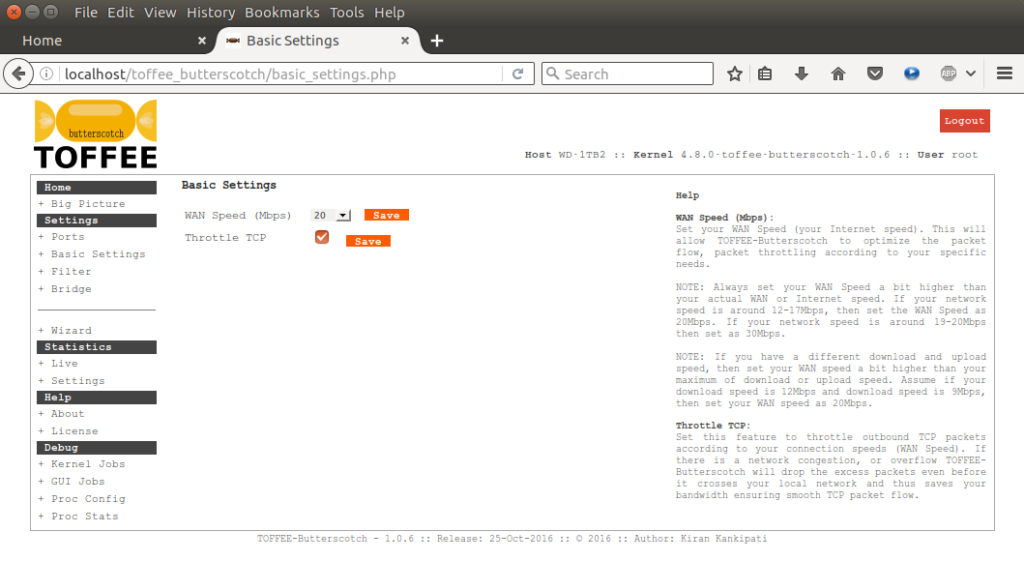 TOFFEE-Butterscotch Internet WAN Bandwidth Saver Basic Settings page