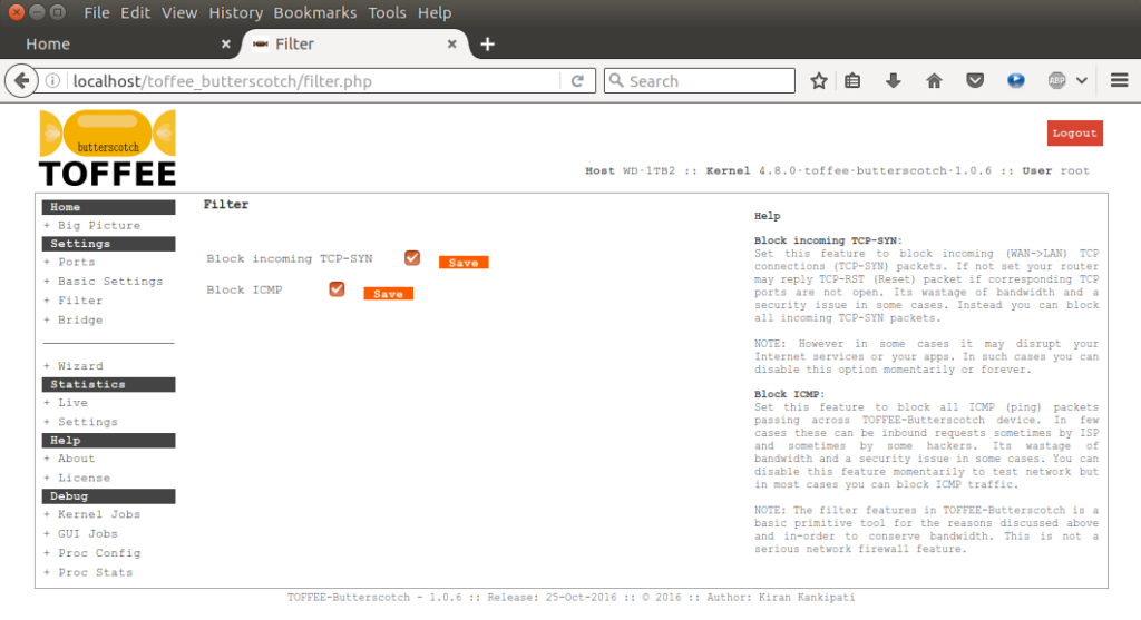 TOFFEE-Butterscotch Internet WAN Bandwidth Saver Filter page