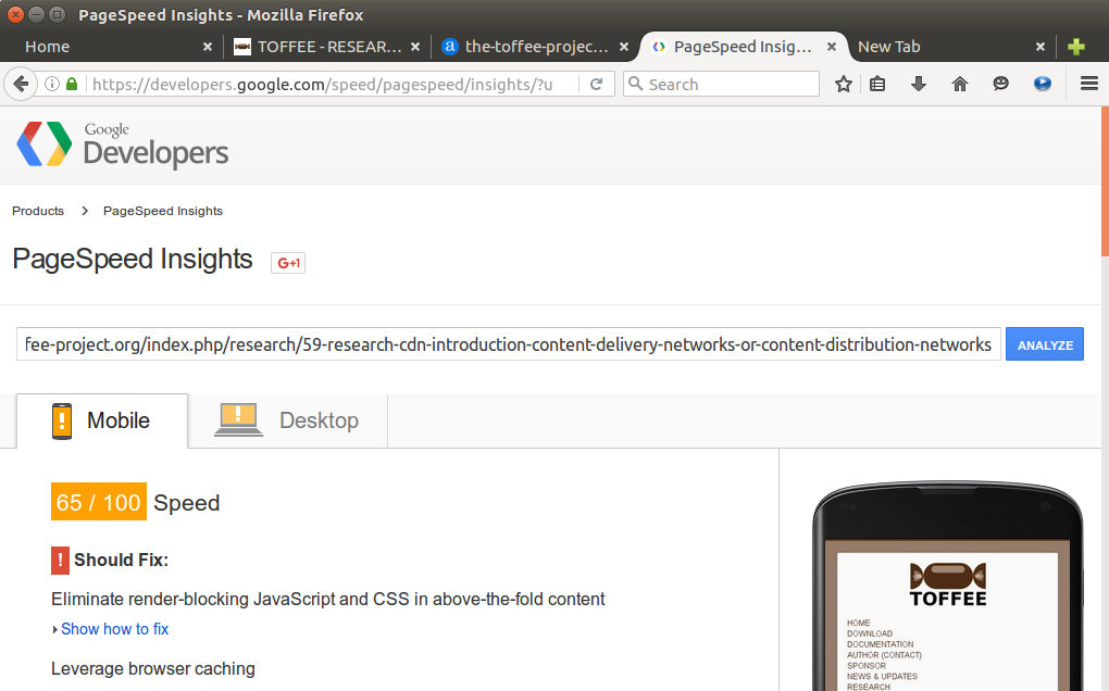 Google PageSpeed Insights tool analyzing TOFFEE website