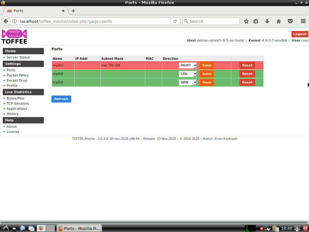 09 TOFFEE-MOCHA-2.0.3-0-10-nov-2018-x86-64.iso - Ports Settings Page