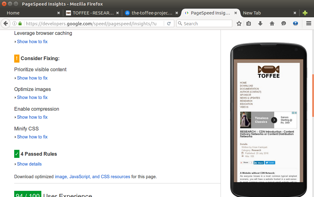 Google PageSpeed Insights tool analyzing TOFFEE website