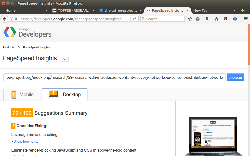 Google PageSpeed Insights tool analyzing TOFFEE website