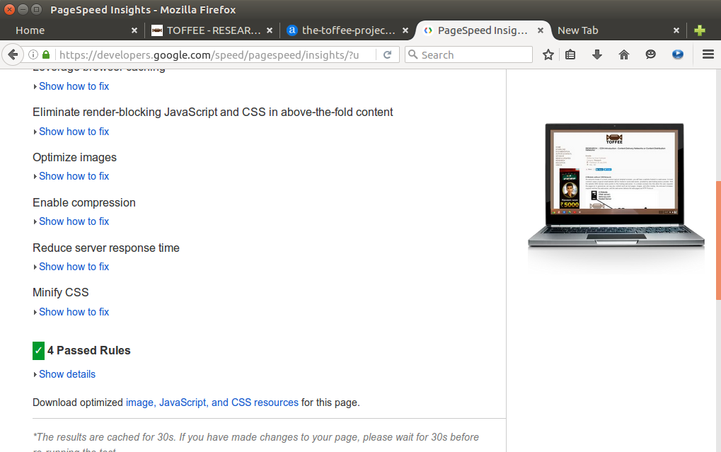 Google PageSpeed Insights tool analyzing TOFFEE website
