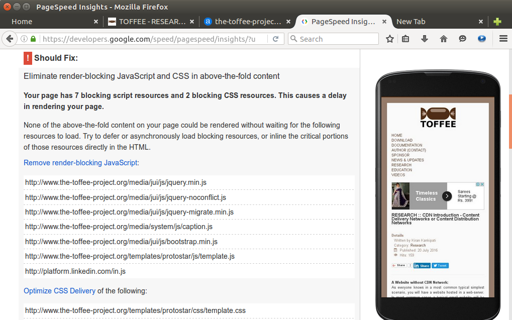 Google PageSpeed Insights tool analyzing TOFFEE website